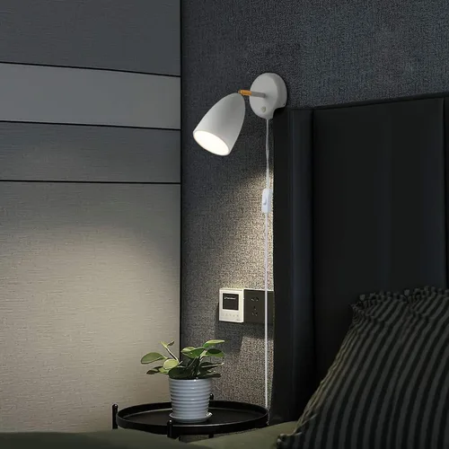 Vista 6 de Juego de 2 apliques de pared blancos con acabado giratorio de simplicidad para dormitorio, sala de estar, enchufe o cable duro E-Blanco-2 Pack