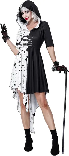 Vista 5 de GIKING Cruella Devil - Disfraz de Halloween para mujer, manga media y larga, color blanco y negro