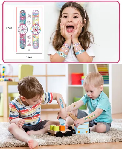Vista 4 de Reloj de dibujos animados temporales tatuajes para niños, 10 hojas para niños, impermeables, tatuajes temporales con purpurina, seguridad
