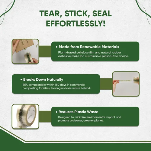 Vista 3 de Cinta de embalaje biodegradable Cinta de embalaje de celulosa a base de plantas Adhesivo multiusos resistente para envío, mudanza, oficina