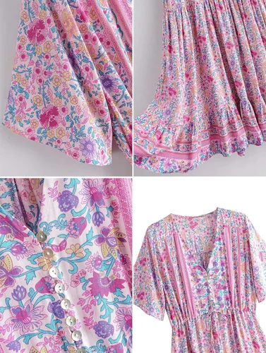 Vista 6 de R.Vivimos - Vestido de verano holgado para mujer, tela de algodón, estampado floral, manga corta