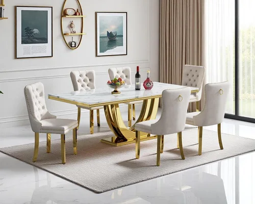 Vista 9 de SSLine Juego de mesa de comedor de mármol sintético blanco de 68 pulgadas