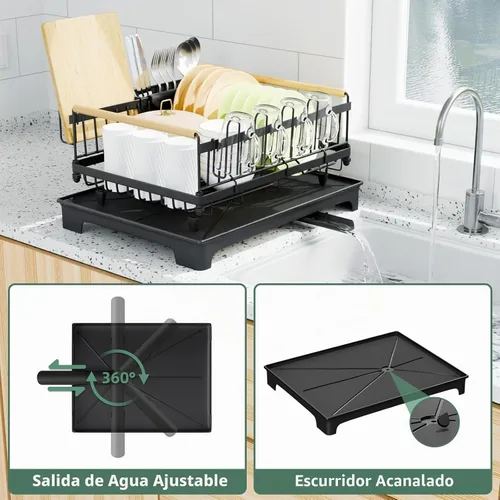 Vista 3 de Escurridor de platos, escurridor con bandeja de goteo automática, escurridor de platos para encimera de cocina, escurridor de platos antioxidante