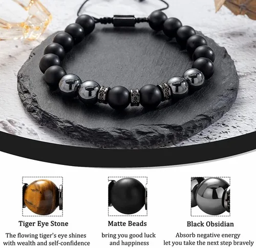 Vista 4 de putouzip Pulsera de cuentas de cuerda trenzada de obsidiana natural, regalos para mi hombre, hijo, nieto, novio, marido, papá, hermano, aniversario