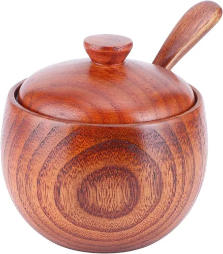 Vista 9 de Olla de especias de madera, bodega de sal de madera natural con tapa y cuchara, contenedor de azúcar, tarro de especias vintage, recipiente