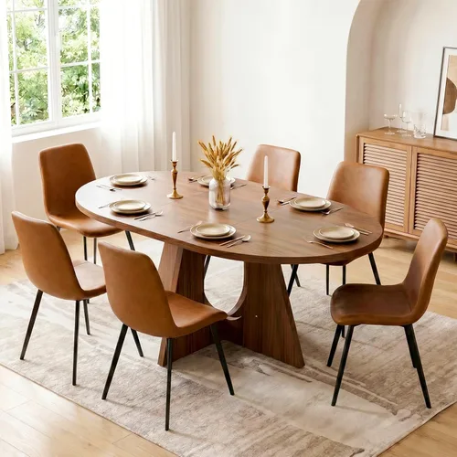 Vista 12 de HIPIHOM Moderno juego de mesa de comedor redonda para 2, mesa de cocina de nogal de 39.4 pulgadas con 2 sillas de piel sintética, juego de comedor
