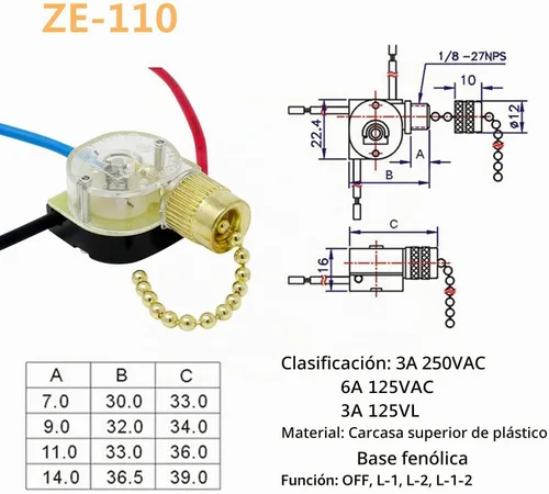 Vista 2 de Interruptor de luz para ventilador de techo, ZE-110, Zing, interruptor de ventilador de 3 vías, interruptor de cadena de tracción de techo, 2 Latón