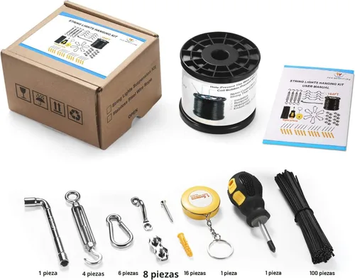 Vista 6 de Kit de colgar luces de cadena Newleray, alambre guía para luces de cadena al aire libre, kit de hardware para velas de sombra, con 164 pies