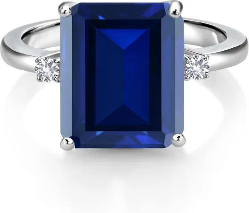 Vista 3 de Anillo de compromiso de 3 piedras de plata de ley 925 de 0.472 x 0.394 in, zafiro sintético azul y zafiro blanco de 0.079 pulgadas para mujer, 6.78