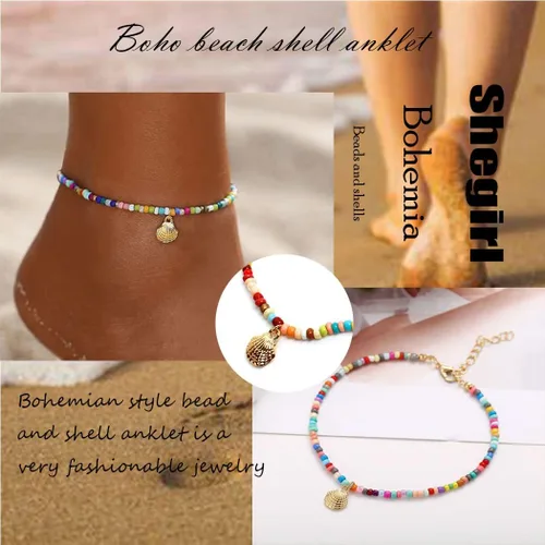 Vista 4 de Shegirl Tobillera bohemia con cuentas doradas, cadena de tobillo con cuentas coloridas para el pie, para mujeres y niñas, aleación