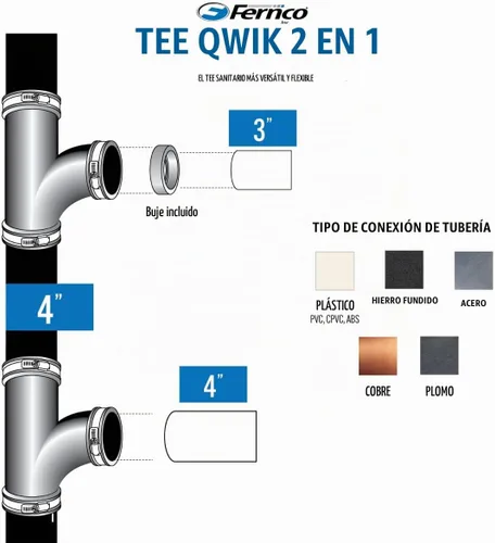 Vista 2 de Fernco 4" flexible de PVC Tee con buje reductor opcional de 3" para conexiones de tuberías de hierro fundido DWV, acero y plástico