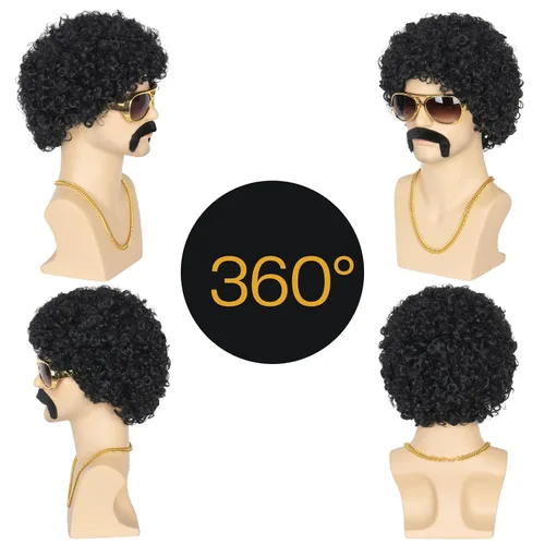 Vista 3 de Peluca de discoteca de los años 80 para hombre, peluca negra afro esponjosa con collar, bigote y lentes para cosplay de punk rock, juego de Halloween