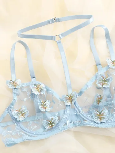 Vista 5 de SweatyRocks Conjunto de lencería con bordado de mariposas para mujer conjunto de 3