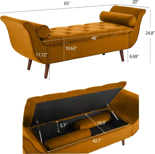 Vista 2 de Banco de almacenamiento de terciopelo para dormitorio otomano, banco de cama tapizado con botones para dormitorios, tamaño King con brazos