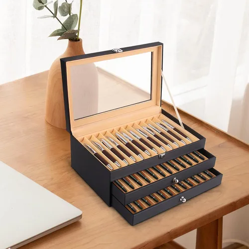 Vista 7 de Caja organizadora de bolígrafos de franela de cuero negro de 36 piezas, caja organizadora de bolígrafos de vidrio con tapa, vitrina de cristal