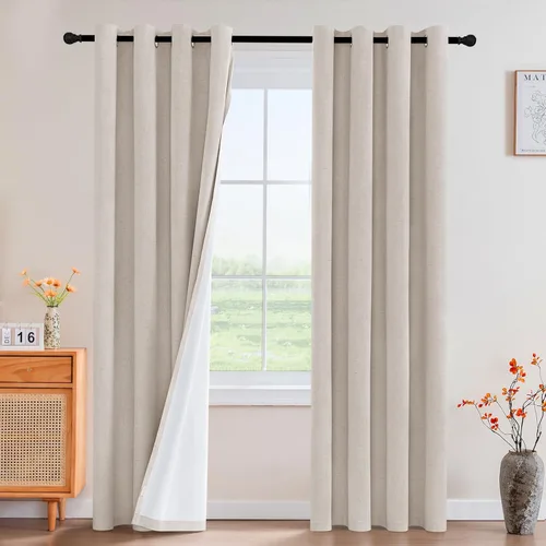 Vista 103 de Cortinas con textura de lino 100% opacas de 64 pulgadas de largo, juego de 2 paneles de cortinas de lino opacas con forro aislante térmico que Arena