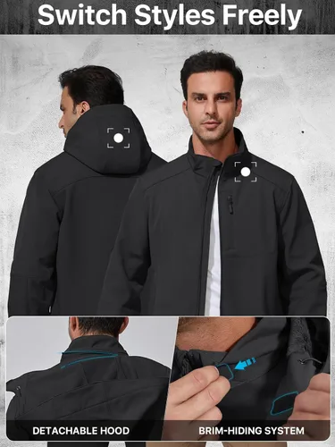 Vista 4 de FREE SOLDIER Chaqueta ligera con capucha impermeable para hombre, con forro polar, para invierno, con capucha, resistente al agua, para senderismo