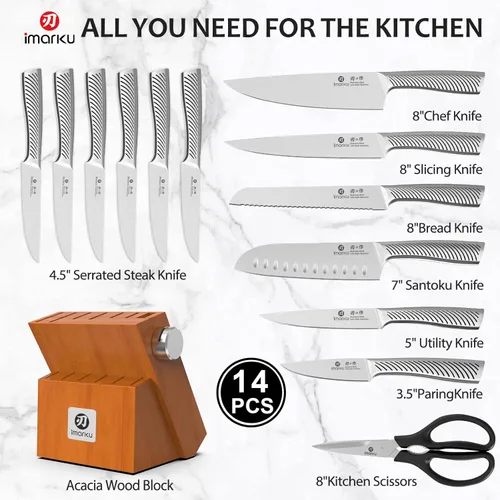 Vista 3 de imarku Juego de cuchillos de cocina, juego de 14 cuchillos de alta calidad, aptos para lavavajillas, juego de cuchillos japoneses afilados con Marrón