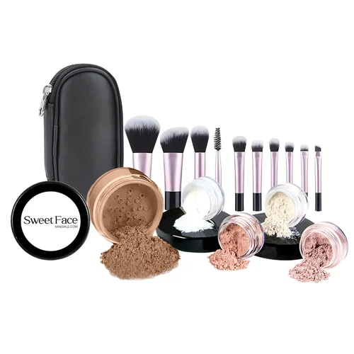 Vista 13 de Kit básico con juego de 6 brochas y juego de bases de maquillaje mineral, piel mate. , Beige