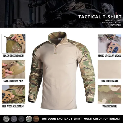 Vista 3 de Camisa táctica militar para hombre, camuflaje militar, militar, manga larga, con coderas, cremallera de 14