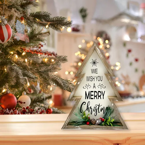 Vista 6 de Decoraciones navideñas para el hogar estilo granja, feliz árbol de Navidad con piñas, bloque decorativo de madera rústico para mesa, decoración