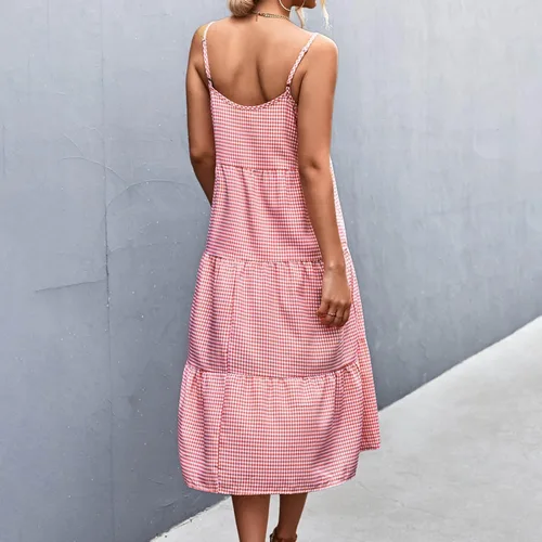 Vista 7 de Vestido largo de verano para mujer, sexy, sin mangas, sin espalda, tirantes delgados, vestido casual a cuadros con fruncido