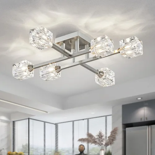 Vista 13 de XINGQI Lámpara de techo moderna de 6 luces, lámpara de montaje semiempotrado Sputnik, lámparas de araña doradas en negro para recámara, comedor