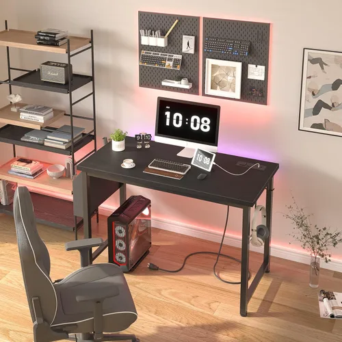 Vista 2 de Lufeiya Escritorio para computadora de 39 pulgadas con toma de corriente, mesa de estudio para adolescentes de 40 pulgadas, escritorio de trabajo