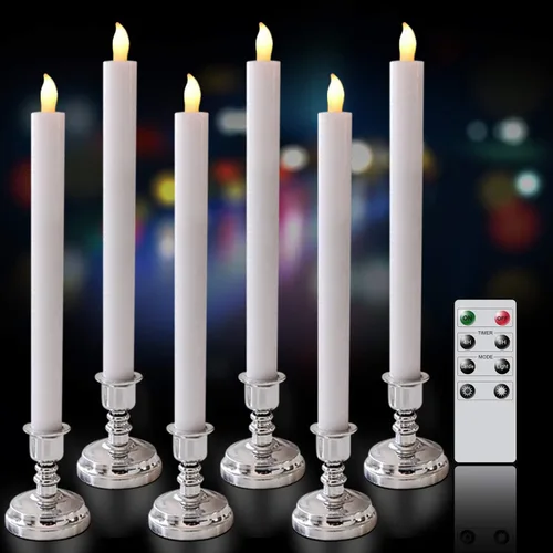 Vista 9 de Velas cónicas parpadeantes sin llama rosadas que funcionan con pilas con control remoto de 10 teclas y temporizador, paquete de 6 velas LED de cera