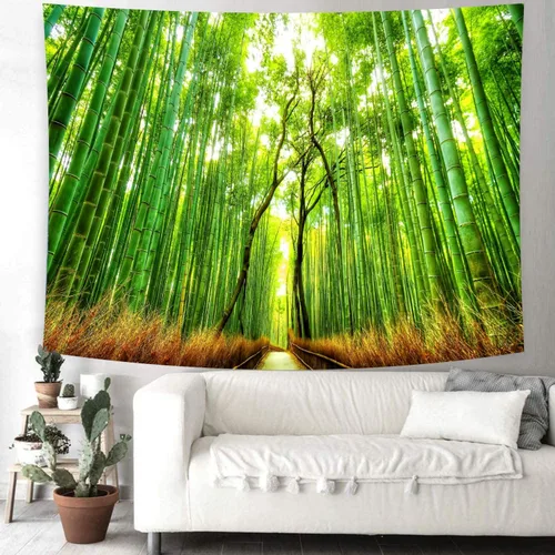 Vista 4 de Delur Tapiz de camino del bosque, puesta de sol, selva tropical tropical, árbol natural, tapiz para colgar en la pared, cabecera de paisaje verde
