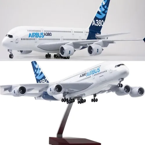 Vista 2 de Modelo de avión Airbus A380 de 18.1 pulgadas, modelo a escala 1:160, fundido a presión con ruedas, iluminación LED activada por voz, adultos