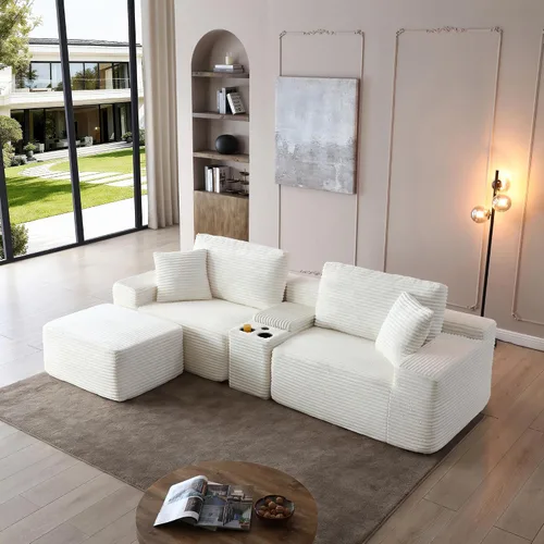 Vista 3 de ivoros Sofá modular modular de 111 pulgadas, sofá de nube moderno de gran tamaño para sala de estar, sofás en forma de L con otomanas, puertos USB