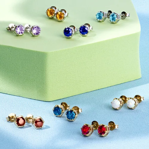 Vista 5 de Nicole Miller Fine Jewelry - Aretes redondos de piedra natal para mujer, chapados en oro amarillo de 4 quilates o plata de ley 925, hipoalergénicos