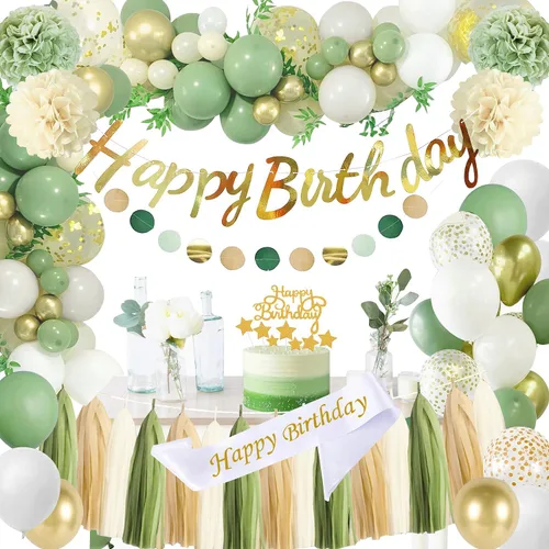 Vista 8 de Decoraciones de Fiesta de Cumpleaños Blancas y Doradas Mejoradas para Niñas, Mujeres y Hombres con Banda de Feliz Cumpleaños, Pancarta, Pompones