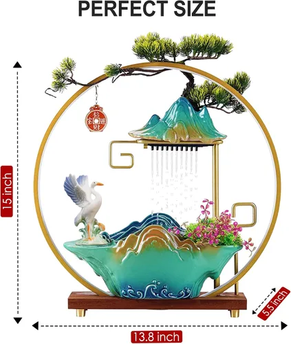Vista 3 de Fuente interior de mesa con grúa, fuente de cascada, quemador de incienso, decoración de Feng Shui para buena suerte, fuente de cerámica con luz