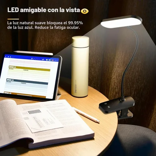 Vista 4 de Lámpara de escritorio LED recargable, luz de lectura con clip para cabecero