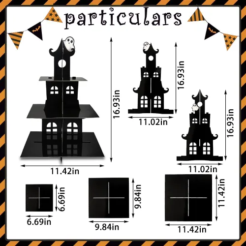 Vista 2 de Soporte de 3 niveles para cupcakes de Halloween, castillo de Halloween, soporte redondo de cartón, torre de postre, torre de árbol de postre
