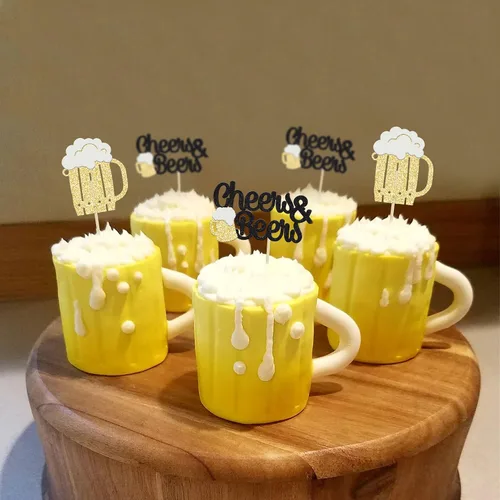 Vista 4 de Gyufise 24 piezas de decoración para cupcakes de Cheers and Beers - Taza de cerveza con purpurina negra para cupcakes, baby shower, cumpleaños