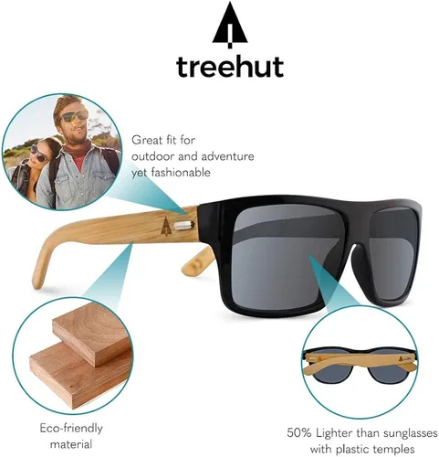 Vista 3 de TREEHUT Gafas de sol de madera de bambú Templos Clásicos Aviador Retro Cuadrado de Madera Gafas de Sol