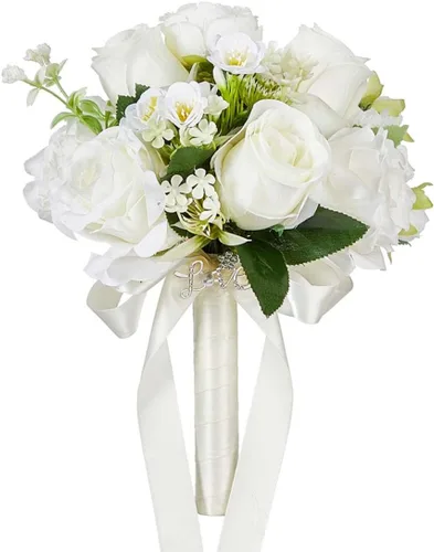 Vista 9 de CYANLUX Ramos de Bodas para Novia y Dama de Honor, Ramos de Champán, Rosas Artificiales Blancas para Bodas, San Valentín, Iglesia, Decoración