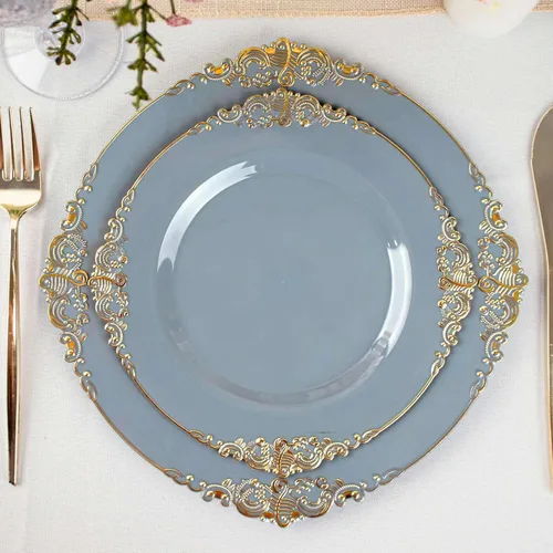 Vista 35 de Efavormart - Paquete de 10 platos de postre barrocos negros y dorados de 8 pulgadas, platos de aperitivo resistentes con borde metálico en relieve