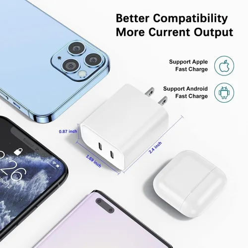 Vista 7 de Bloque de carga USB C, cargador rápido, paquete de 2 bloques de cargador de pared USB C rápido de 40 W, adaptador de corriente de enchufe de carga