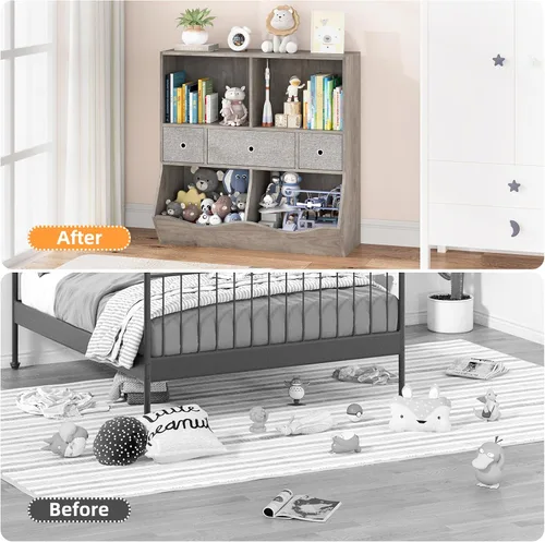 Vista 4 de IDEALHOUSE Estantería para niños y organizador de almacenamiento de juguetes con 3 cajones móviles, armario de almacenamiento de piso con 4