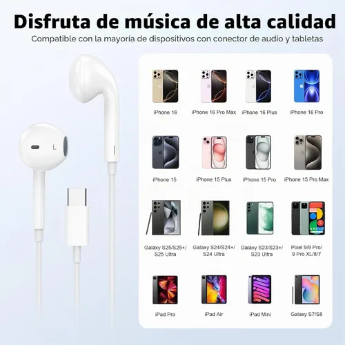 Vista 6 de Auriculares USB C, paquete de 2 auriculares tipo C con cable con micrófono y control de volumen, cancelación de ruido para iPhone 15/16/17, iPad