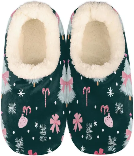 Vista 10 de Pantuflas mullidas antideslizantes para mujer con forro esponjoso, acogedoras pantuflas de dormitorio para mujer Abstract Red Snowflake Pine Trees