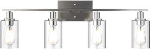Vista 11 de Tangkula Lámparas de tocador de baño de 3 luces, apliques de pared modernos con pantalla de vidrio transparente con base E26, iluminación de pared
