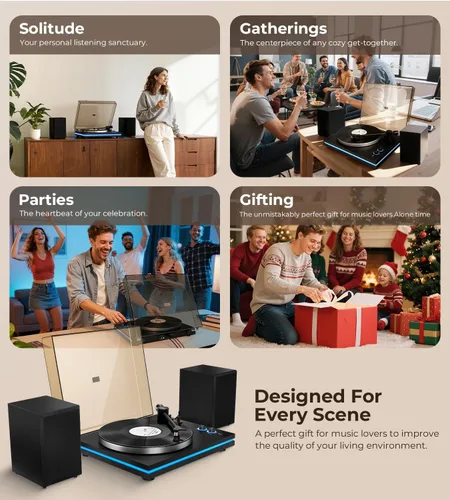 Vista 8 de Vangoa Tocadiscos de vinilo con altavoces estéreo de 40 W, cartucho magnético AT-3600L, placa de aluminio, luz azul, tocadiscos Bluetooth moderno