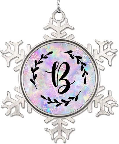 Vista 9 de Adorno de copo de nieve de letra A con inicial de copo de nieve, corona negra, adorno con monograma para decoración de árbol de Navidad, adornos