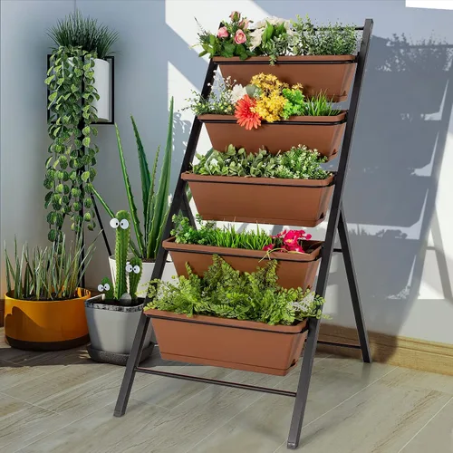 Vista 2 de Giantex Maceta vertical elevada, camas de jardín elevadas con orificio de drenaje de agua, cajas independientes de 5 contenedores para cultivo