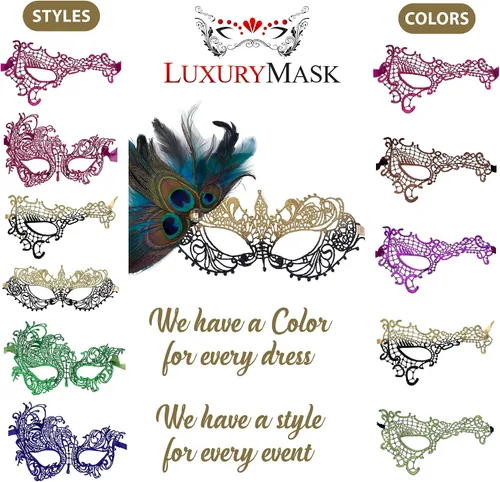 Vista 4 de Lace Masquerade Mask for Women - Venetian Party, Prom, Mardi Gras, Halloween